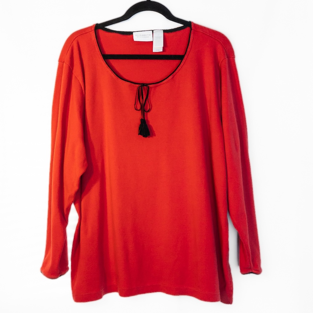Red With Black Piping Scoop Neckline Long Sleeved Cotton Knit Plus Size Top